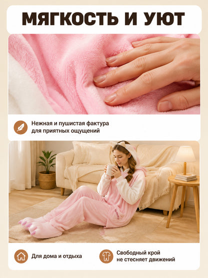 Pink Hooded Pajama Jumpsuit with Ears on-model view