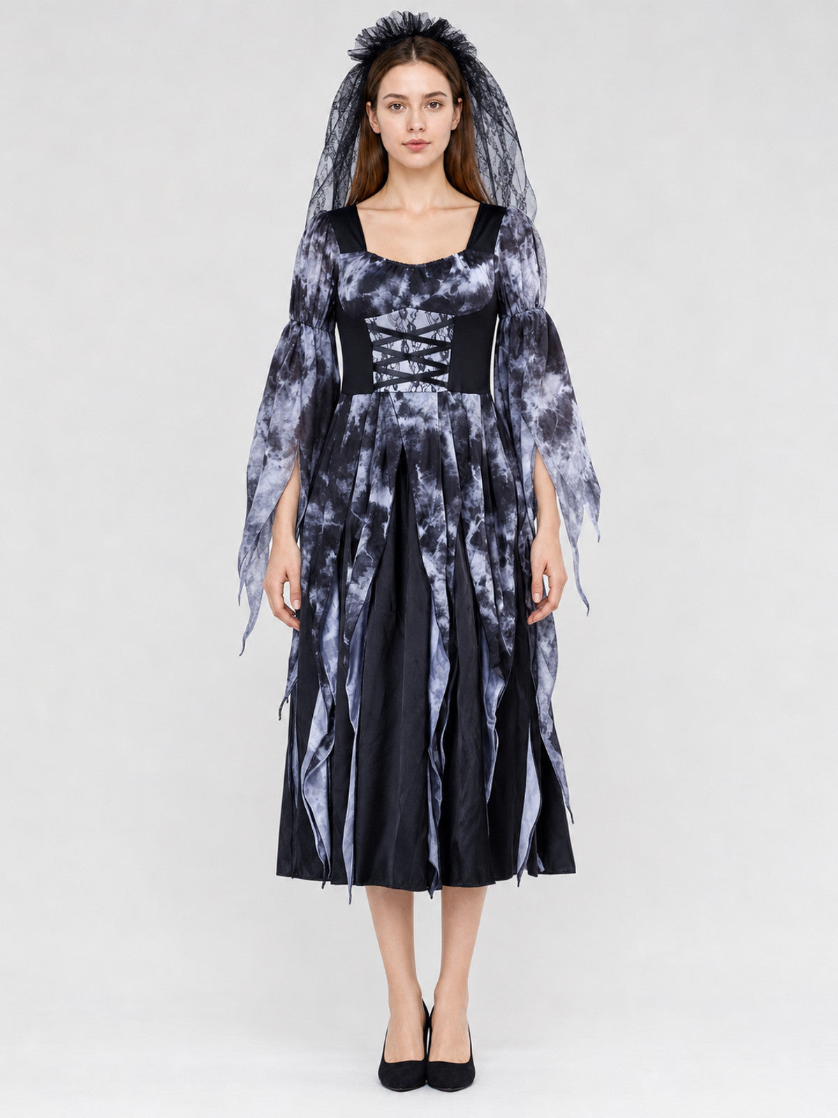 Gothic Dress with Lacing, Veil, and Tiered Skirt on-model view