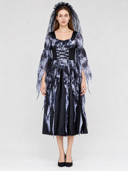 Gothic Dress with Lacing, Veil, and Tiered Skirt on-model view
