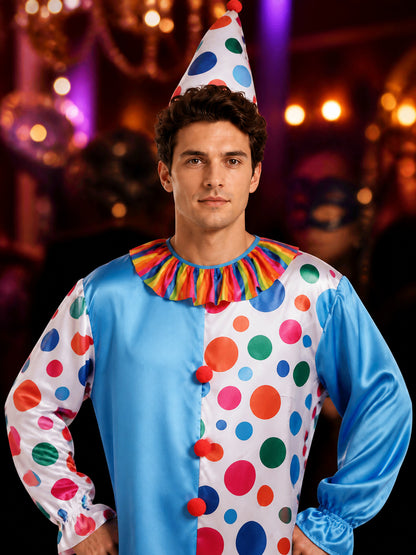 Unisex Clown Jumpsuit Costume Set, Polka Dot Print with Hat, Halloween Outfit on-model view
