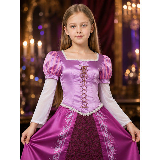 Purple Rapunzel Princess Costume Dress with Lace Trim and Corset Lacing on-model view
