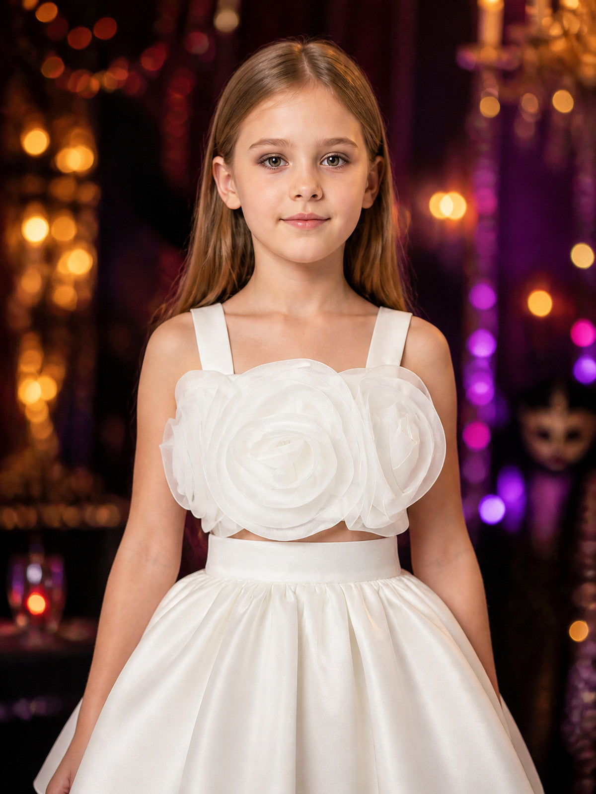 Girls' Flower Princess Dress Costume Set, 3D Petal Bodice and Tulle Skirt on-model view