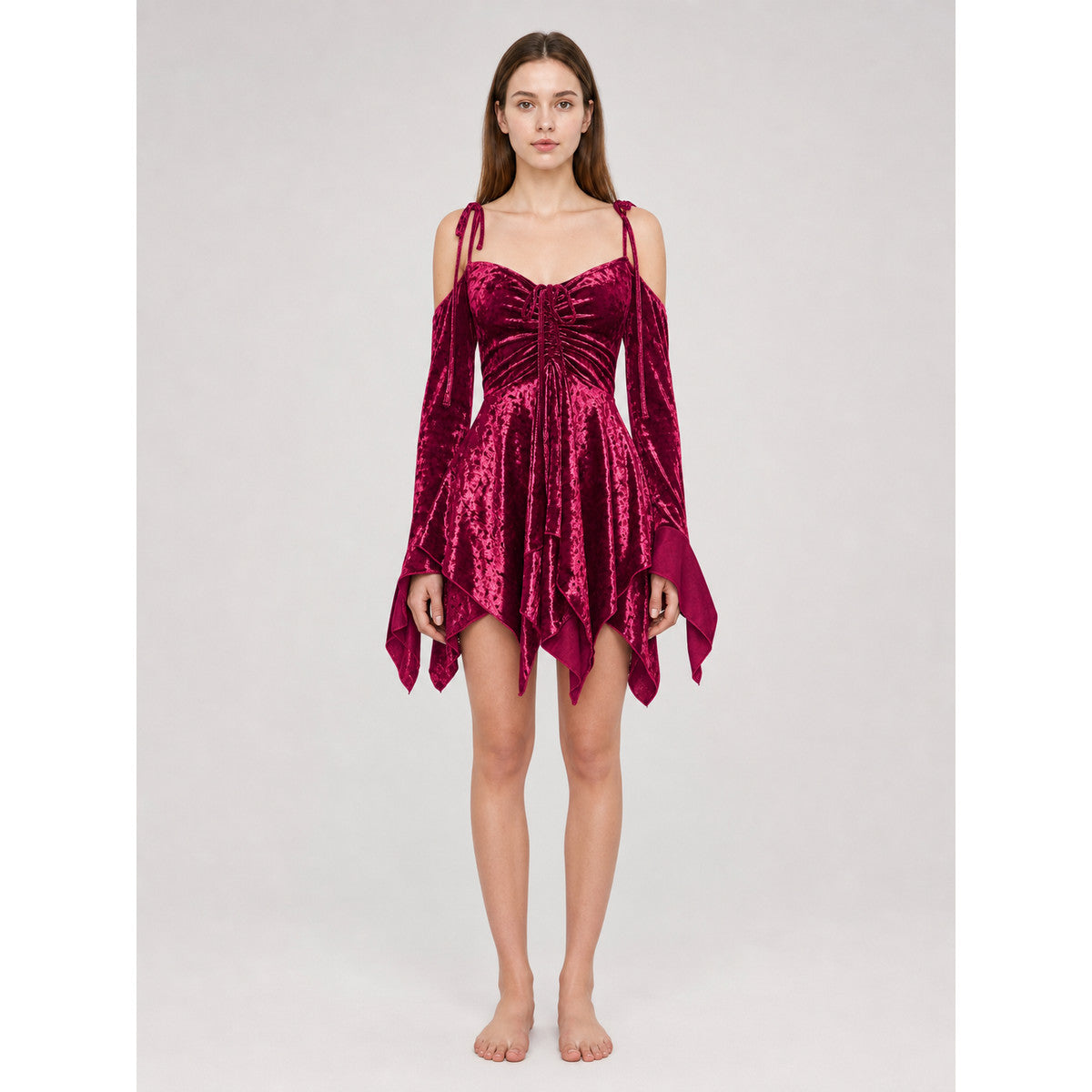 Velvet Mini Dress with Asymmetrical Hem