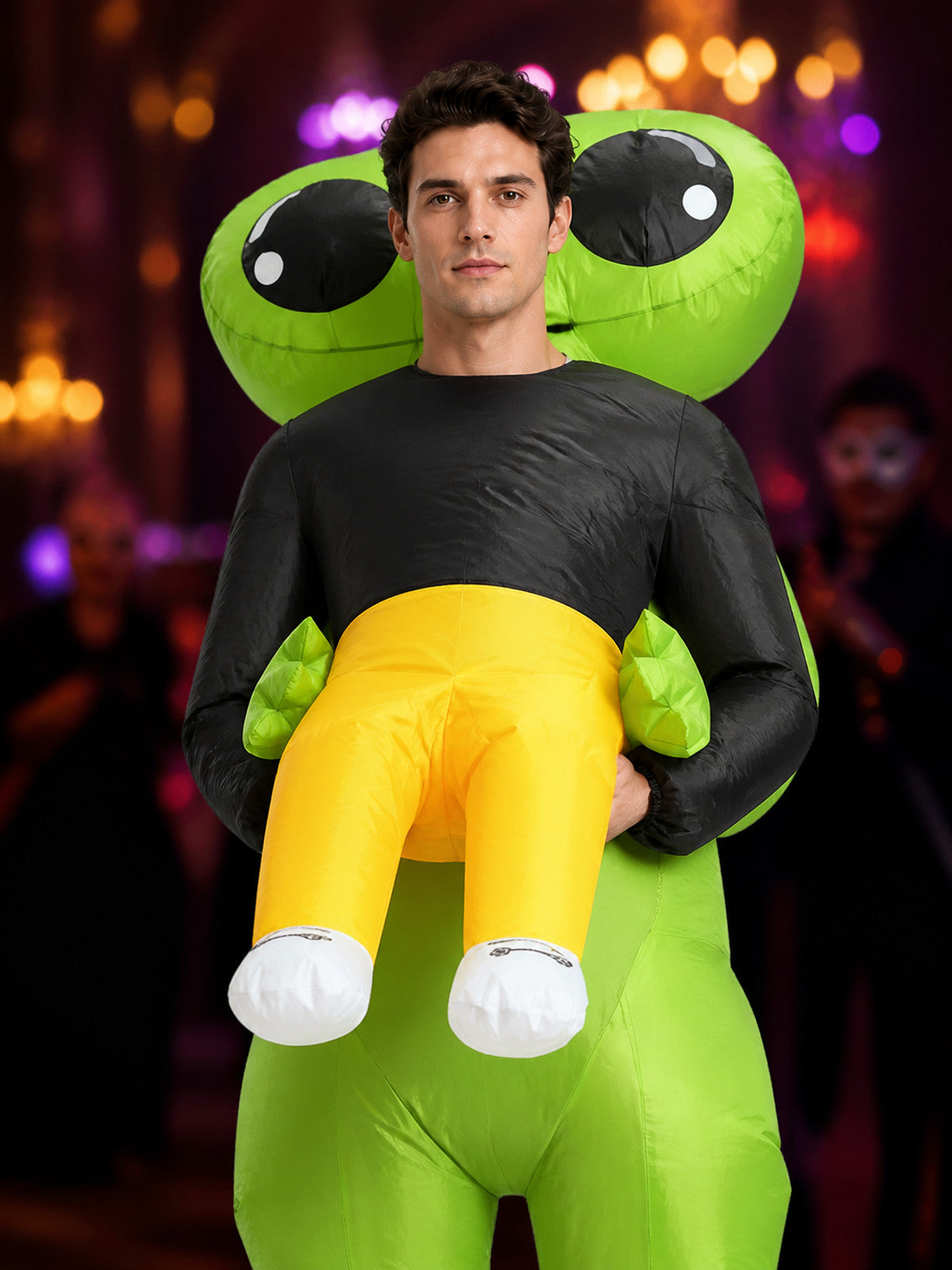 Adult Alien Inflatable Costume, Funny Halloween Outfit with Oversized Alien Head on-model view
