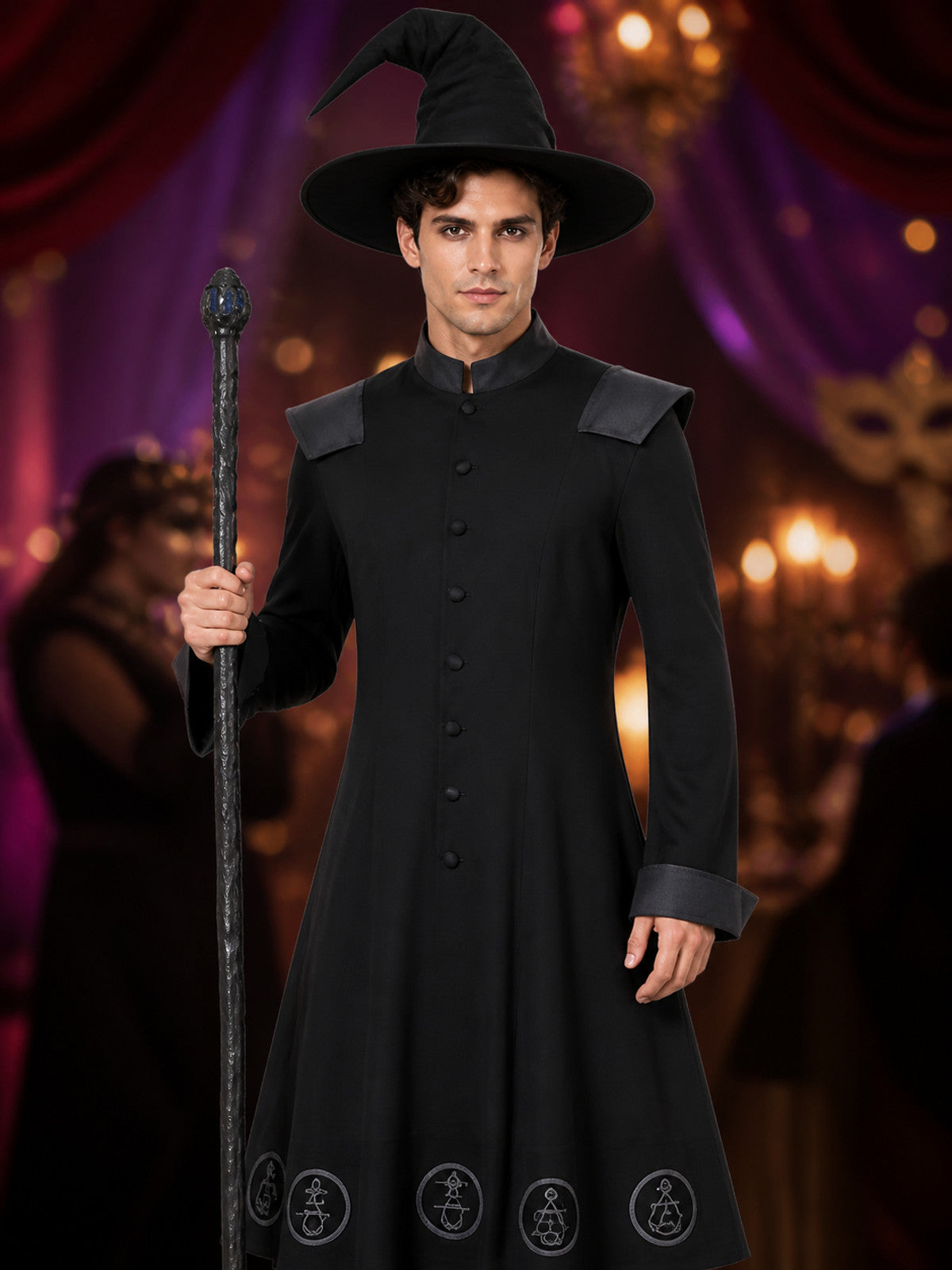 Black Witch Robe Costume Set with Pointed Wide-Brim Hat and Printed Magic on-model view