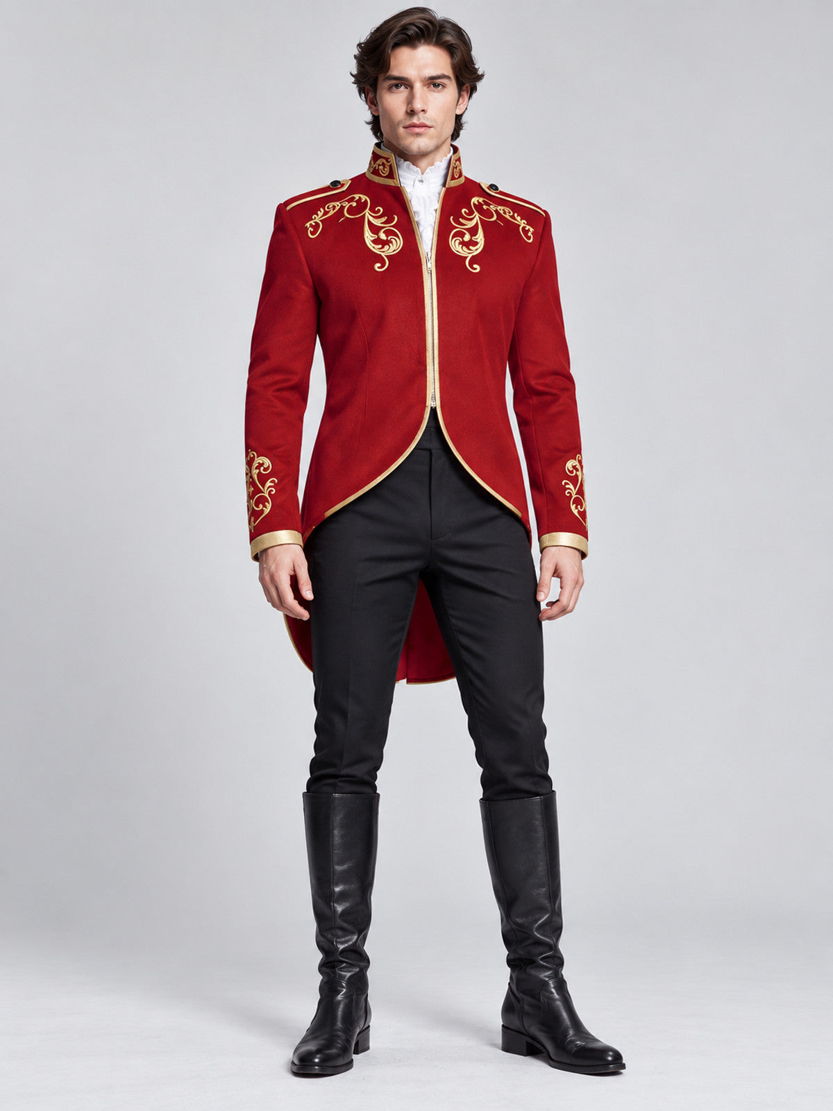 Red tailcoat with gold embroidery and zipper