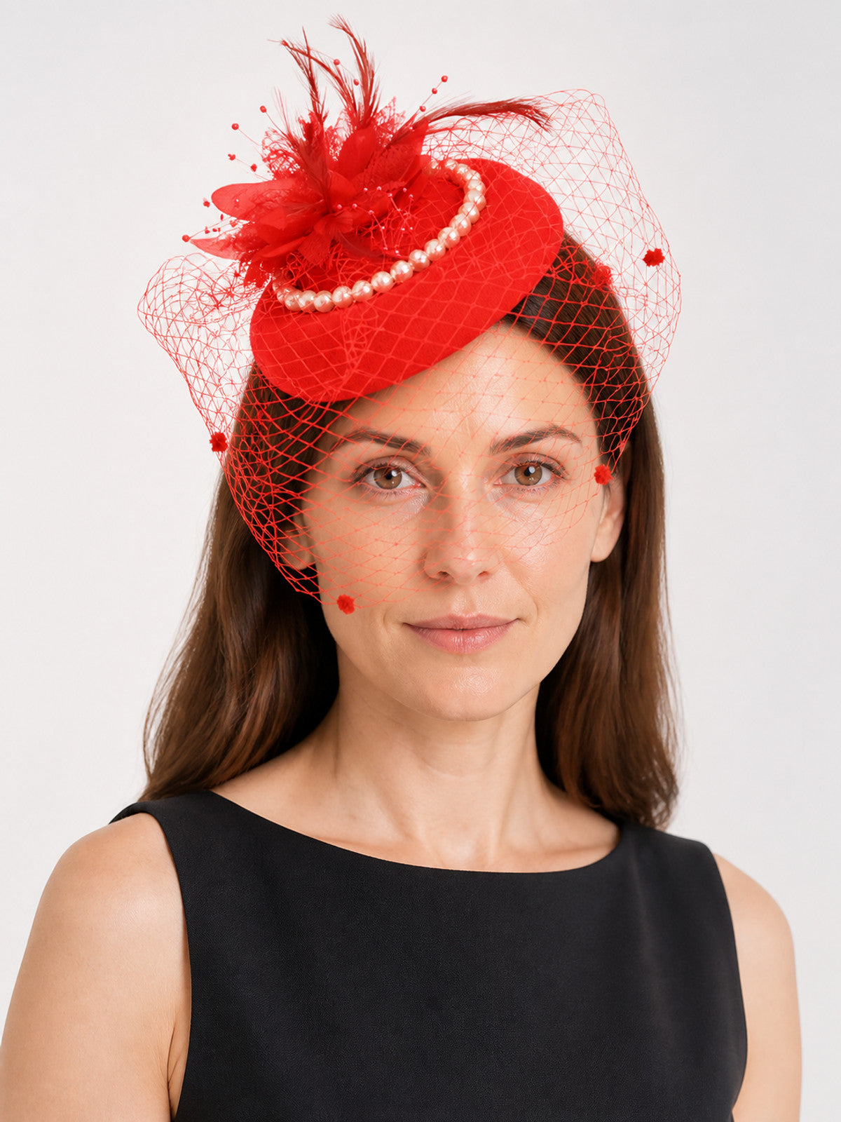 Red Carnival Headpiece with Veil and Feathers main product view