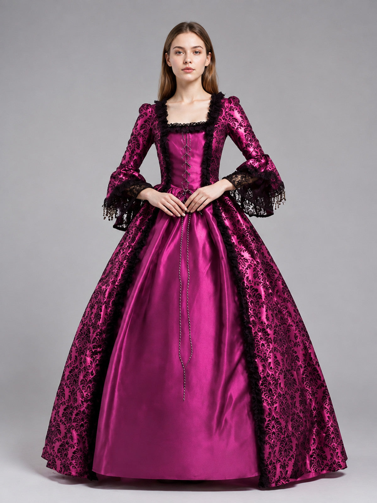 Medieval Dress with a Full Skirt and Lace-Up Detail on-model view