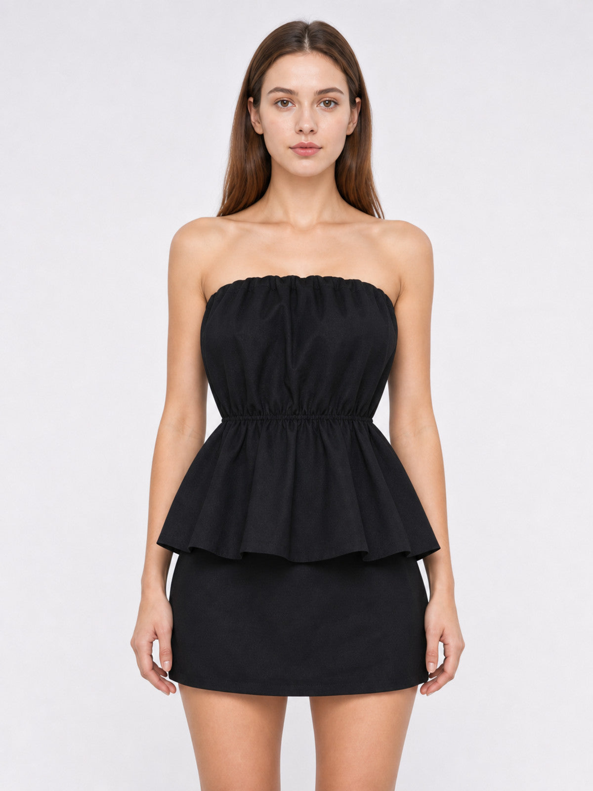 Black Bandeau Dress with a Ruched Top front view