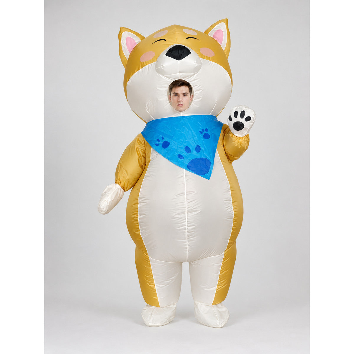 Inflatable Shiba Inu Costume with Blue Bandana front view