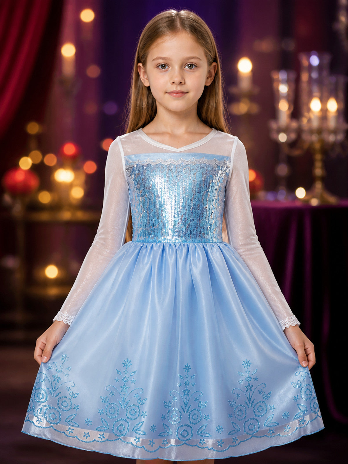 Kids Princess Dress Halloween Costume, Sequined Ball Gown with Star & Floral on-model view