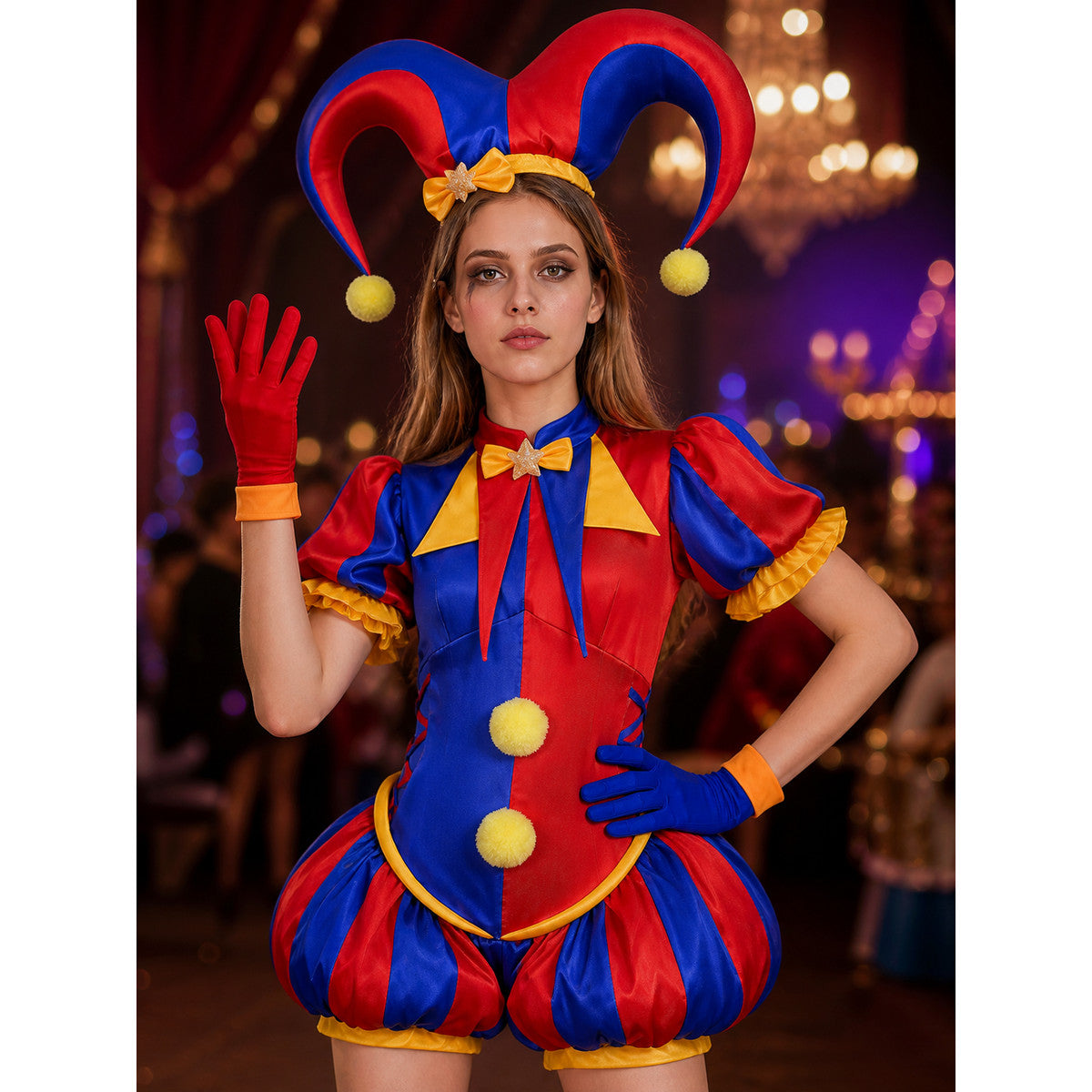 Pomni Clown Costume Set, Red Blue Jester Outfit with Hat, Collar & Gloves on-model view