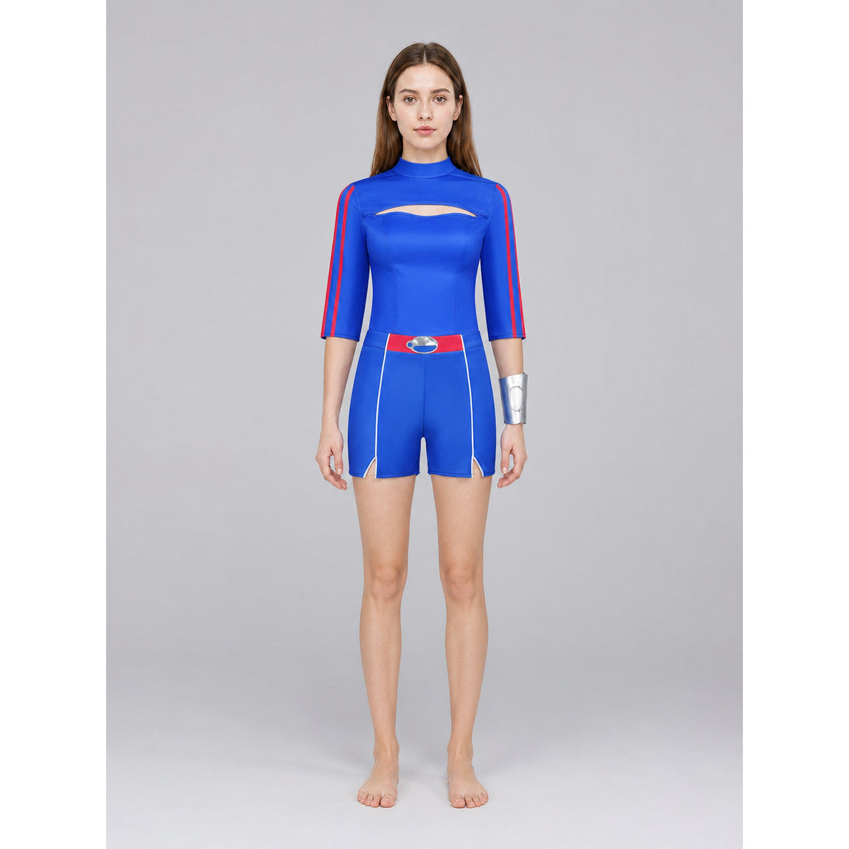 Cosplay costume with long sleeves, shorts, and arm guards on-model view