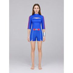 Cosplay costume with long sleeves, shorts, and arm guards