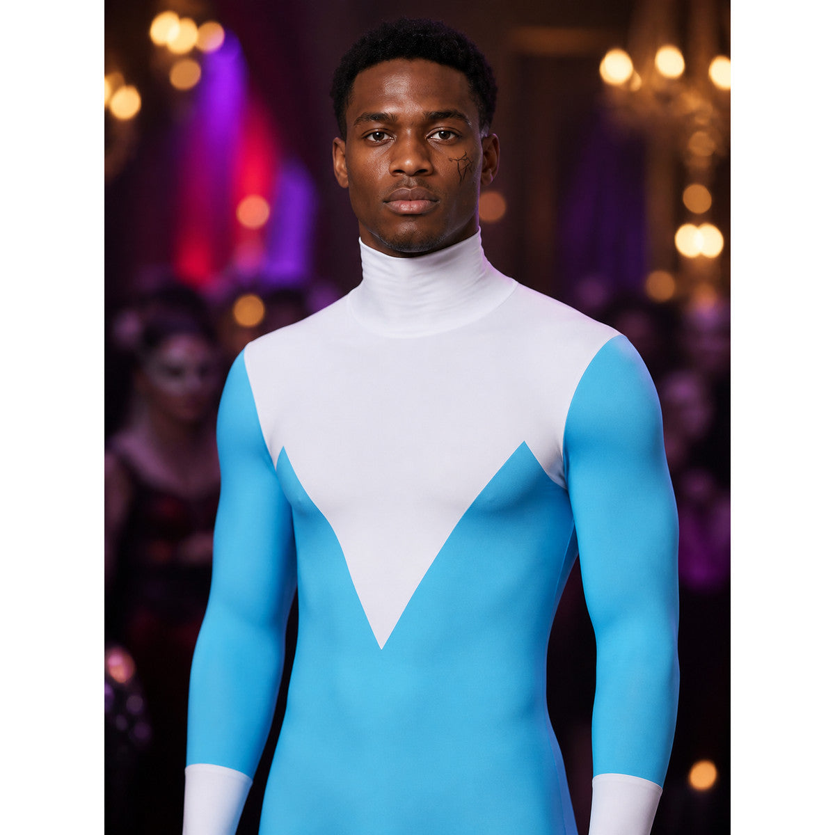 Frozone Hooded Full Body Jumpsuit Costume, Blue White Color Block for Halloween on-model view