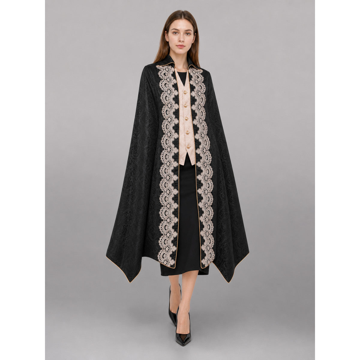 Black Long Tailcoat Jacket with Trim front view