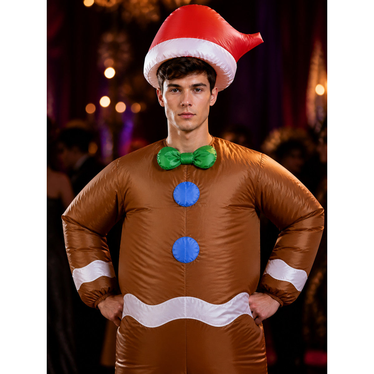 Gingerbread Man Inflatable Costume, Red Hat and Green Bow Tie, White Trim on-model view