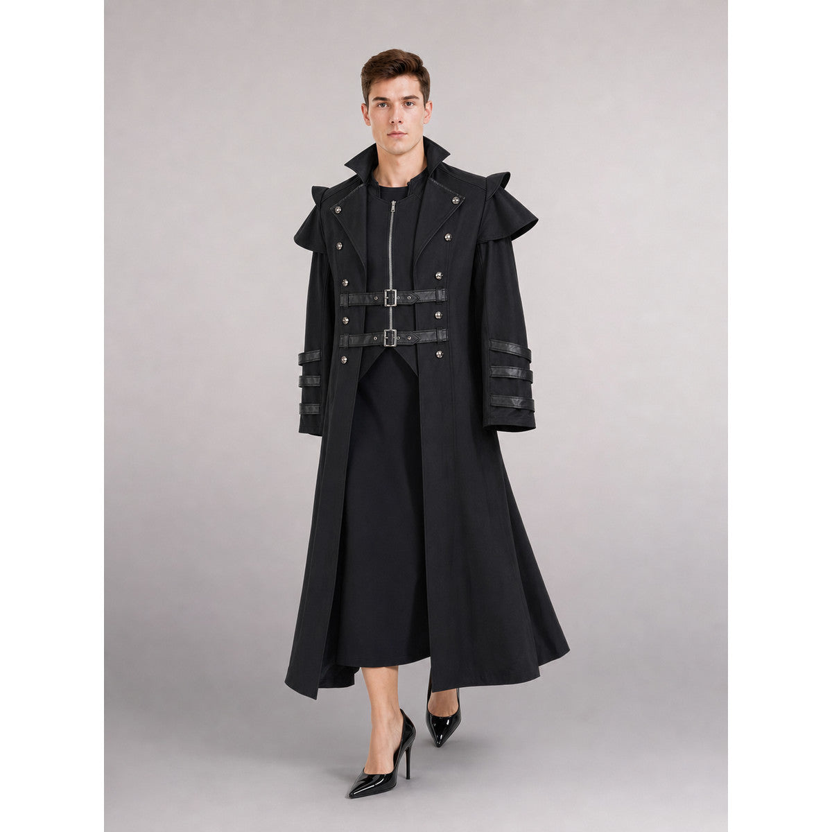 Long Black Gothic Carnival Cape front view