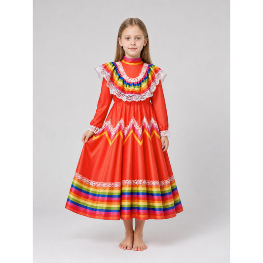 Folk Dress with Ruffles and Rainbow Inserts