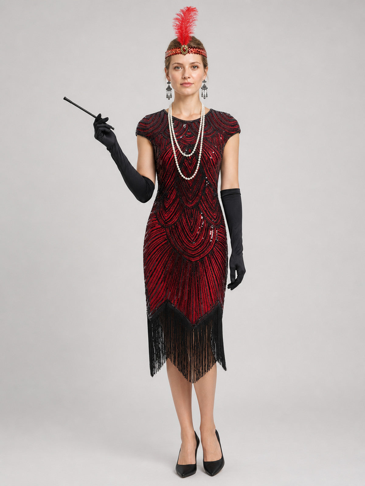 1920s Gatsby-Style Fringe Dress Set on-model view