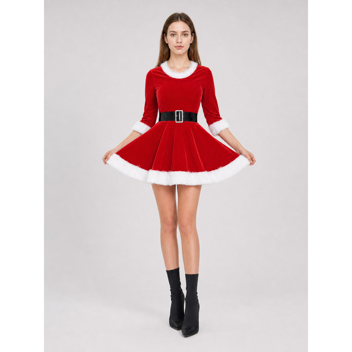 Christmas dress in a red-and-white color scheme with a themed design. The dress on-model view