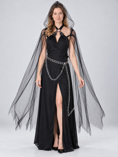 Long Black Costume Dress with Cape and Chain