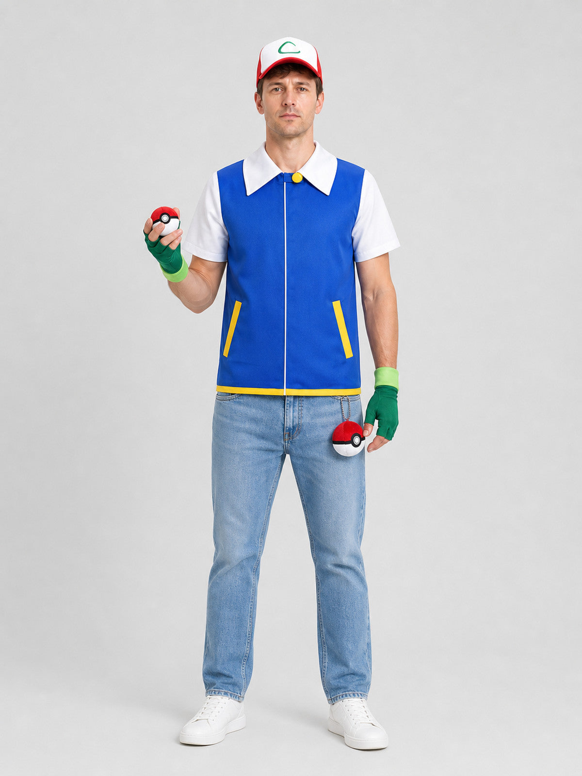 Ash from Pokémon Cosplay Costume with Cap and Accessories on-model view