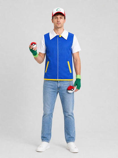 Ash from Pokémon Cosplay Costume with Cap and Accessories on-model view