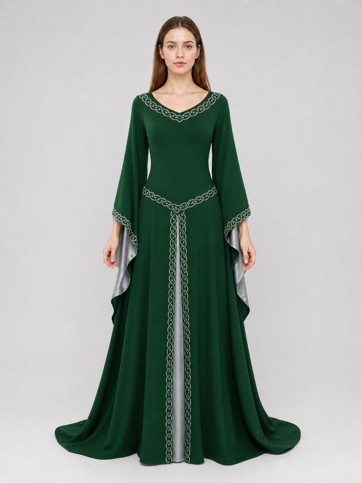 Long Celtic-Style Embroidered Dress front view