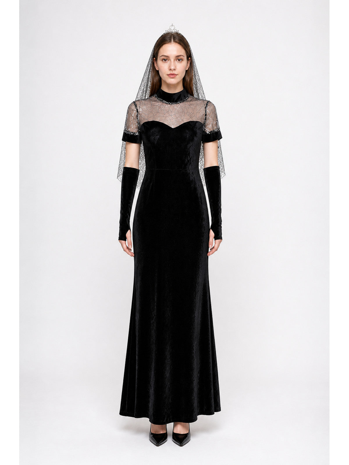 Black Cosplay Dress with Silver Web-Patterned Bodice main product view
