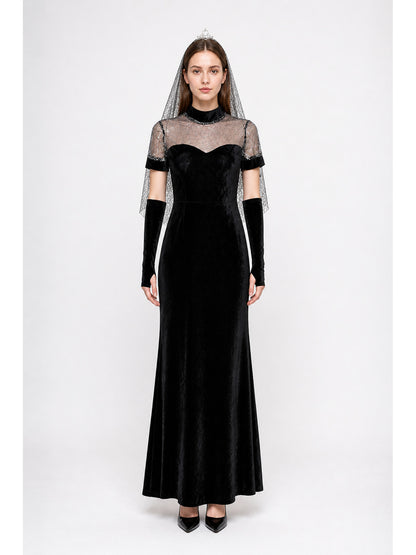 Black Cosplay Dress with Silver Web-Patterned Bodice main product view