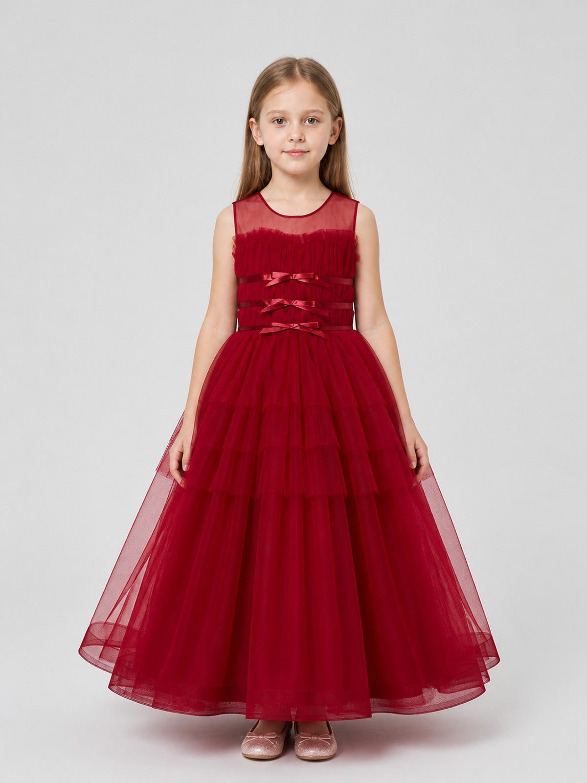 Elegant Long Burgundy Dress with a Full Tulle Skirt on-model view