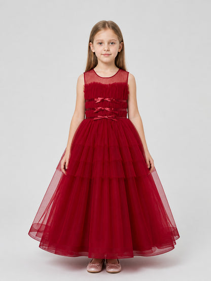 Elegant Long Burgundy Dress with a Full Tulle Skirt on-model view