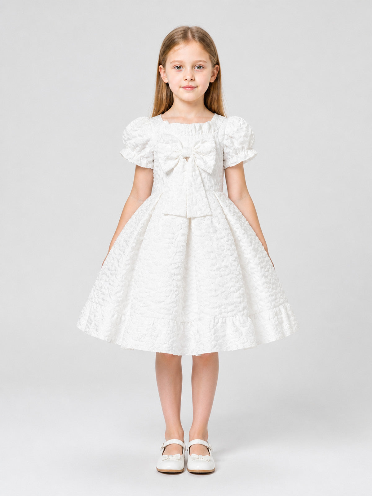 White Princess Dress with Puffy Sleeves and Bow on-model view