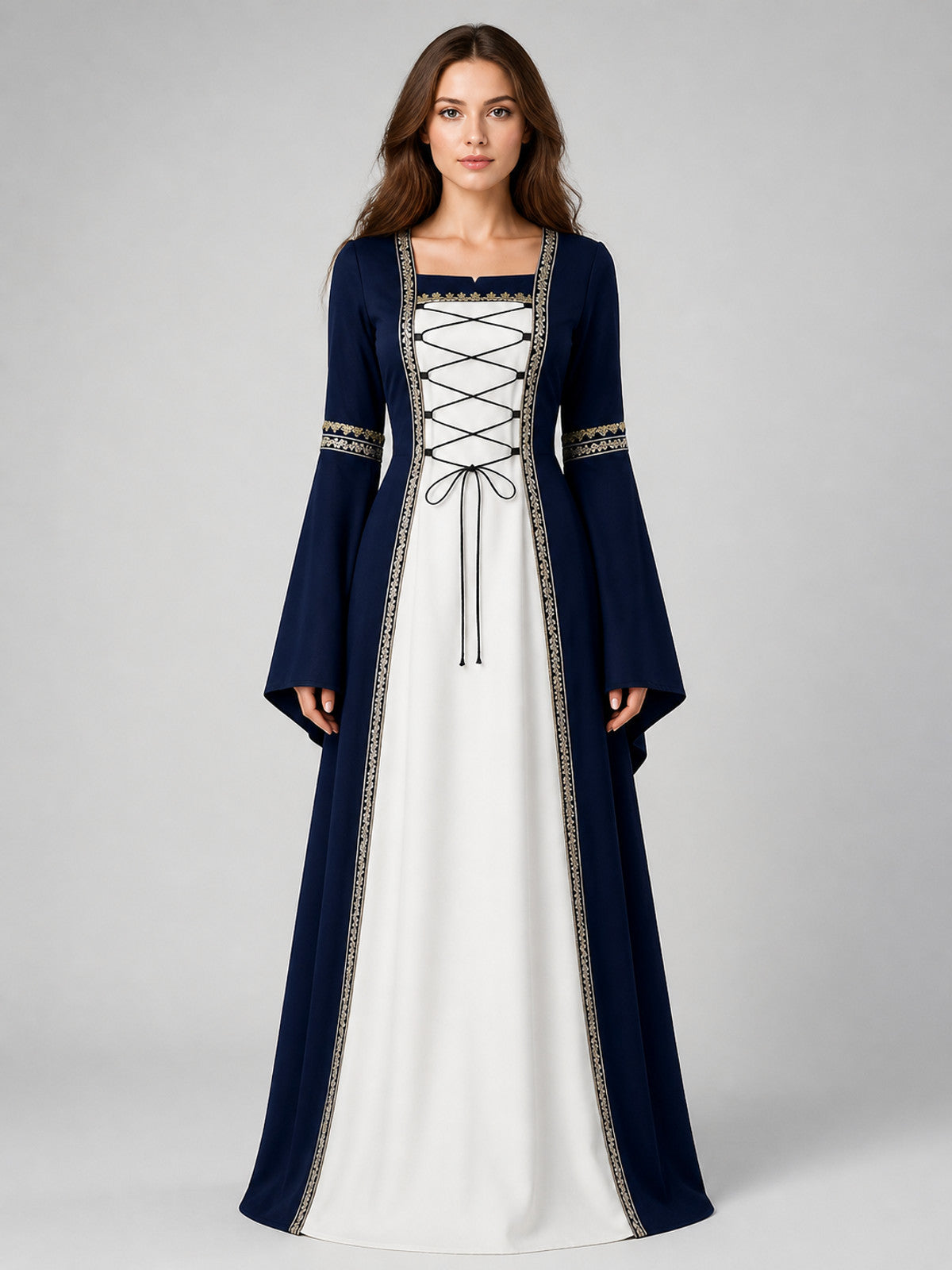 Medieval Dress with Lacing and a Flared Skirt on-model view