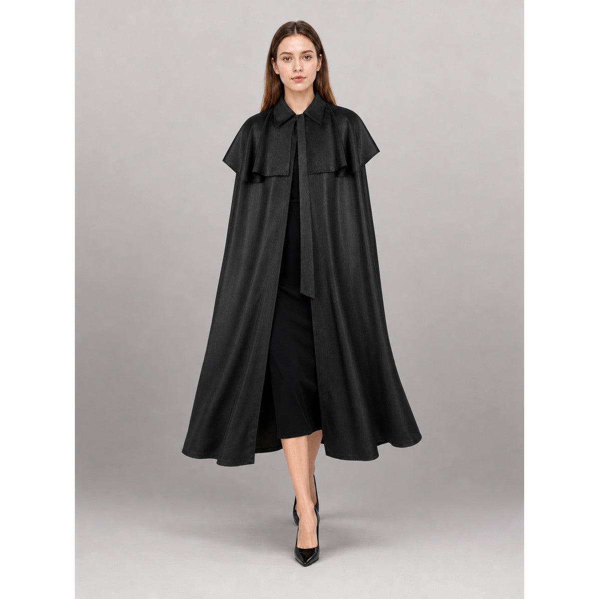 Black Dress with Cape and Short Sleeves front view