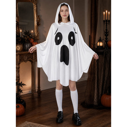 Ghost Halloween Costume Poncho with Attached Hood, Wide Draped Sleeves, Open Mouth Graphic and Spooky Face Design for Costume Events