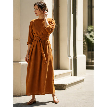 Brown Dress with a Wide Neckline and Belt main product view