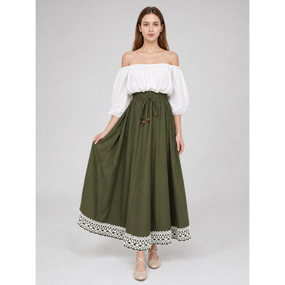 Long olive A-line skirt with lace