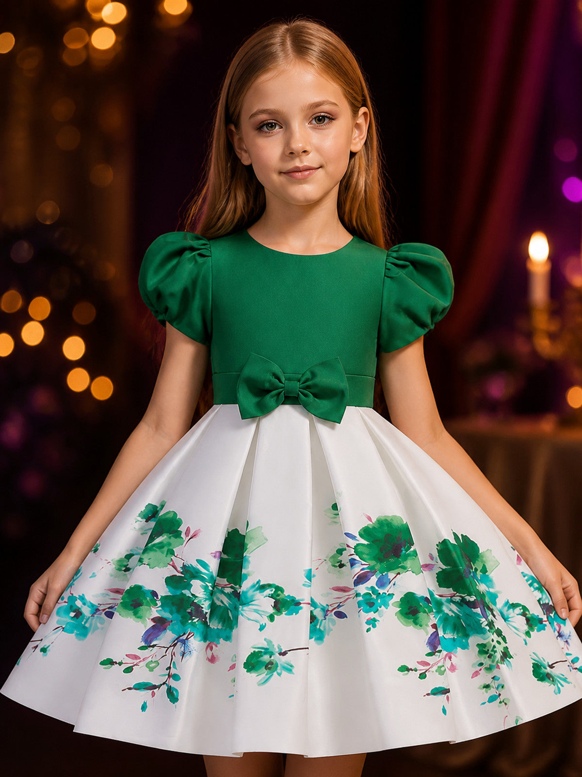Girls' Green and White Floral Princess Dress with Puff Sleeves and Bow on-model view