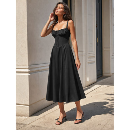 Black midi dress with spaghetti straps and a drawstring