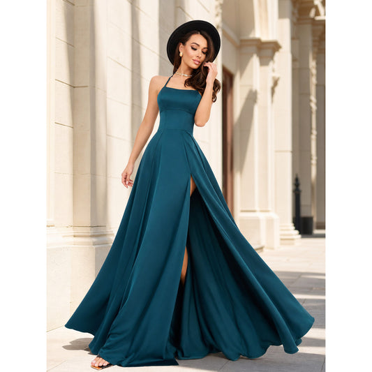 Women's floor-length dress with thin straps and a slit