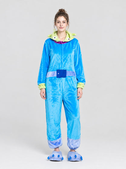 Blue Pajama Jumpsuit with Hood and Appliqués