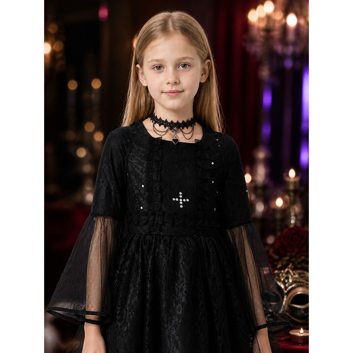 Kids Black Lace Angel Devil Witch Vampire Dress Costume with Sheer Sleeves and on-model view