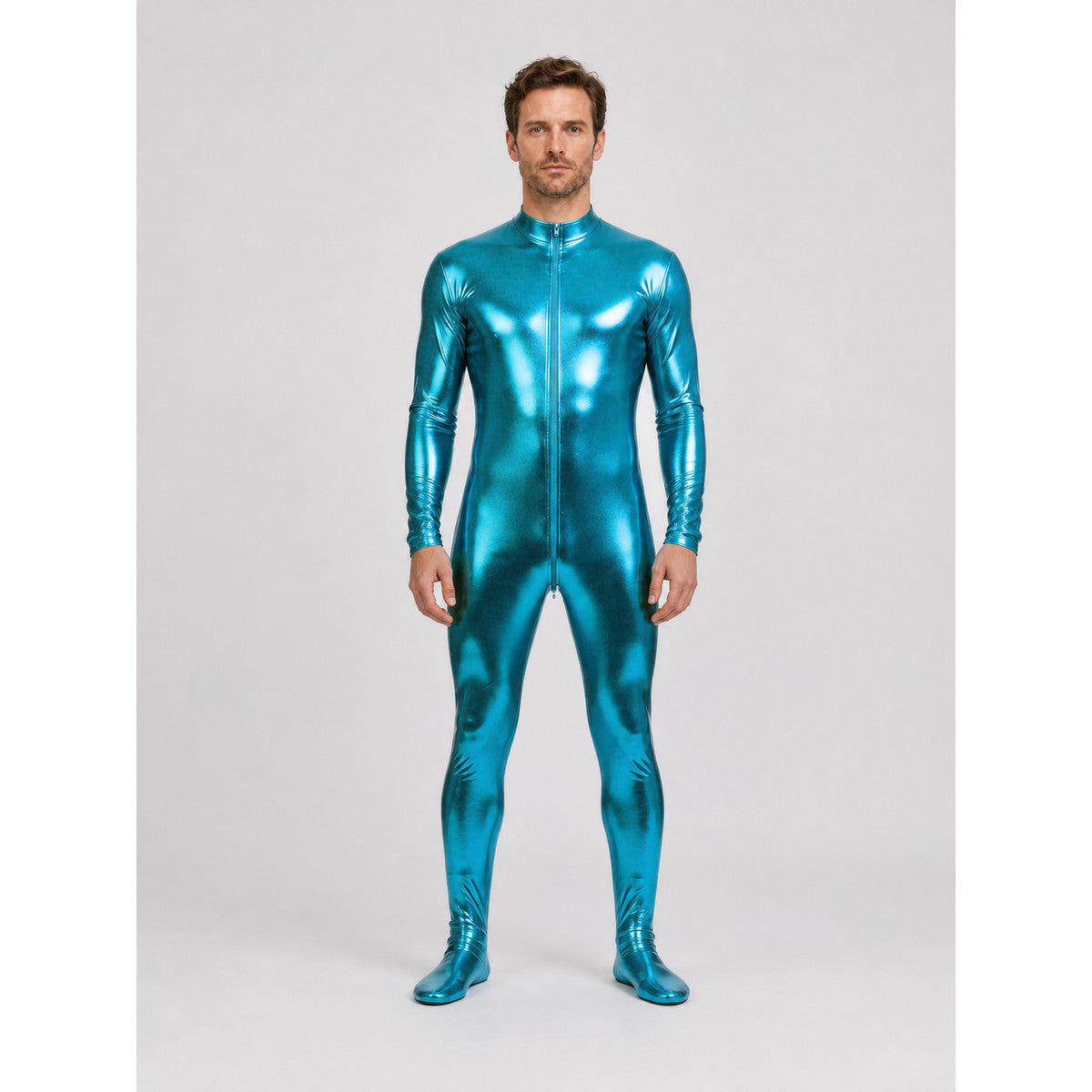 Glossy form-fitting jumpsuit with a zipper for the stage