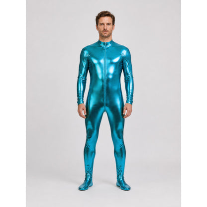 Glossy form-fitting jumpsuit with a zipper for the stage