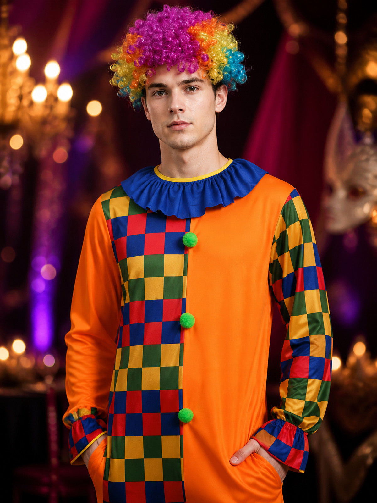 Adult Clown Jumpsuit Costume, Multicolor Checkered Print Bodysuit for Halloween on-model view