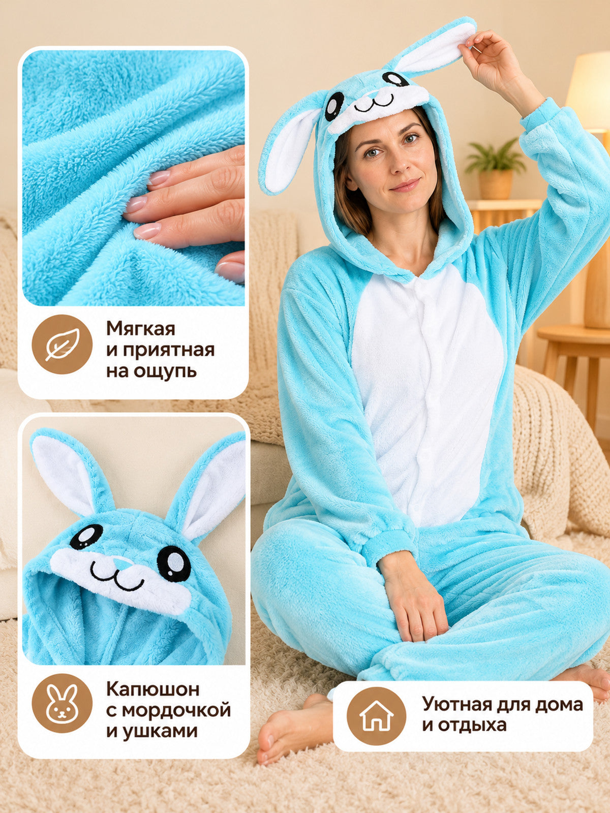 Light blue pajama jumpsuit with a hood and rabbit ears