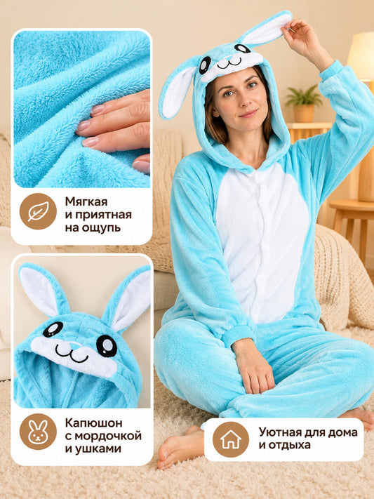 Light blue pajama jumpsuit with a hood and rabbit ears