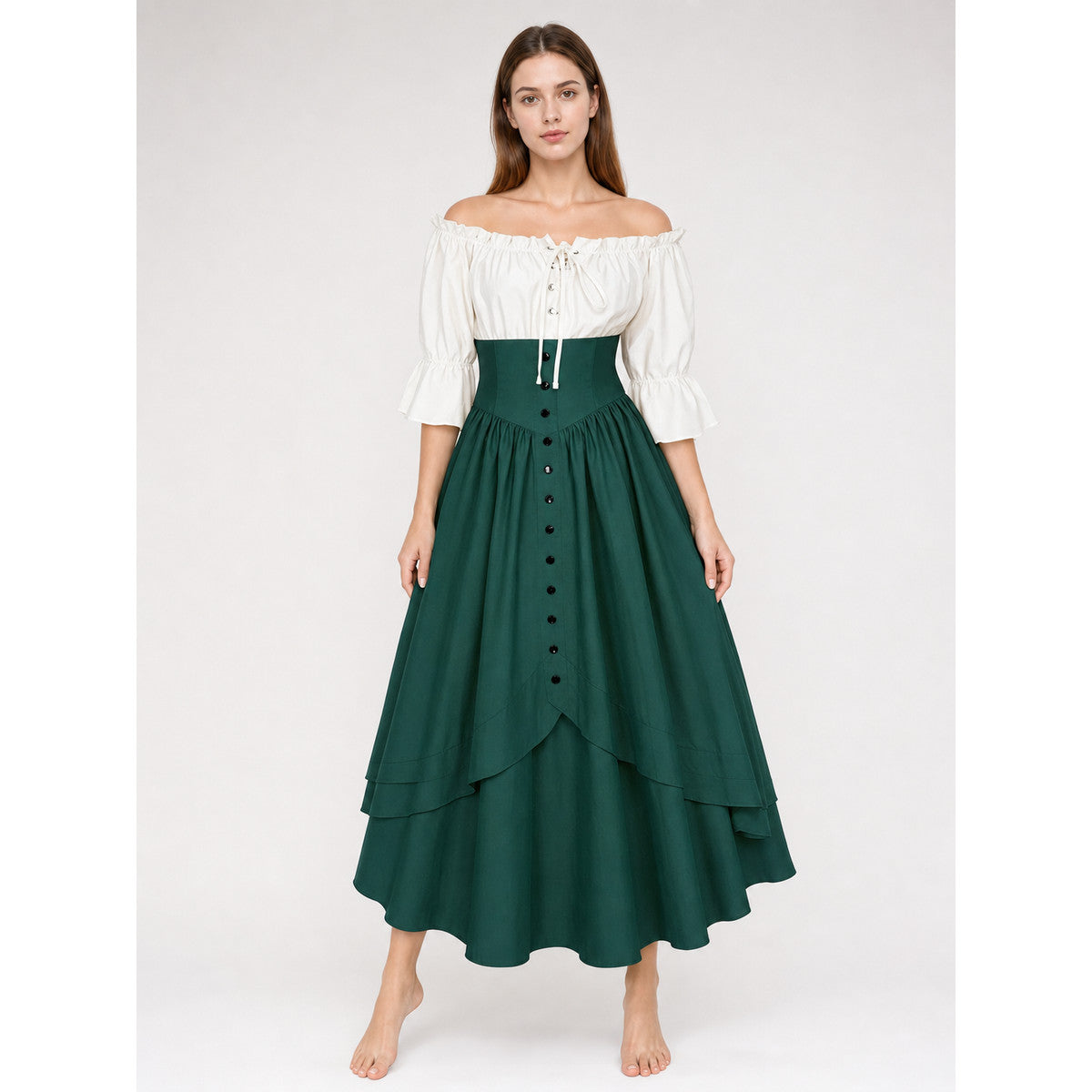 Vintage dress with a full skirt, ruffles, and sleeves